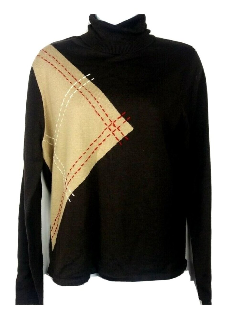Classic 90s Asymmetric Argyle Turtleneck Sweater Large Brown Pullover Preppy